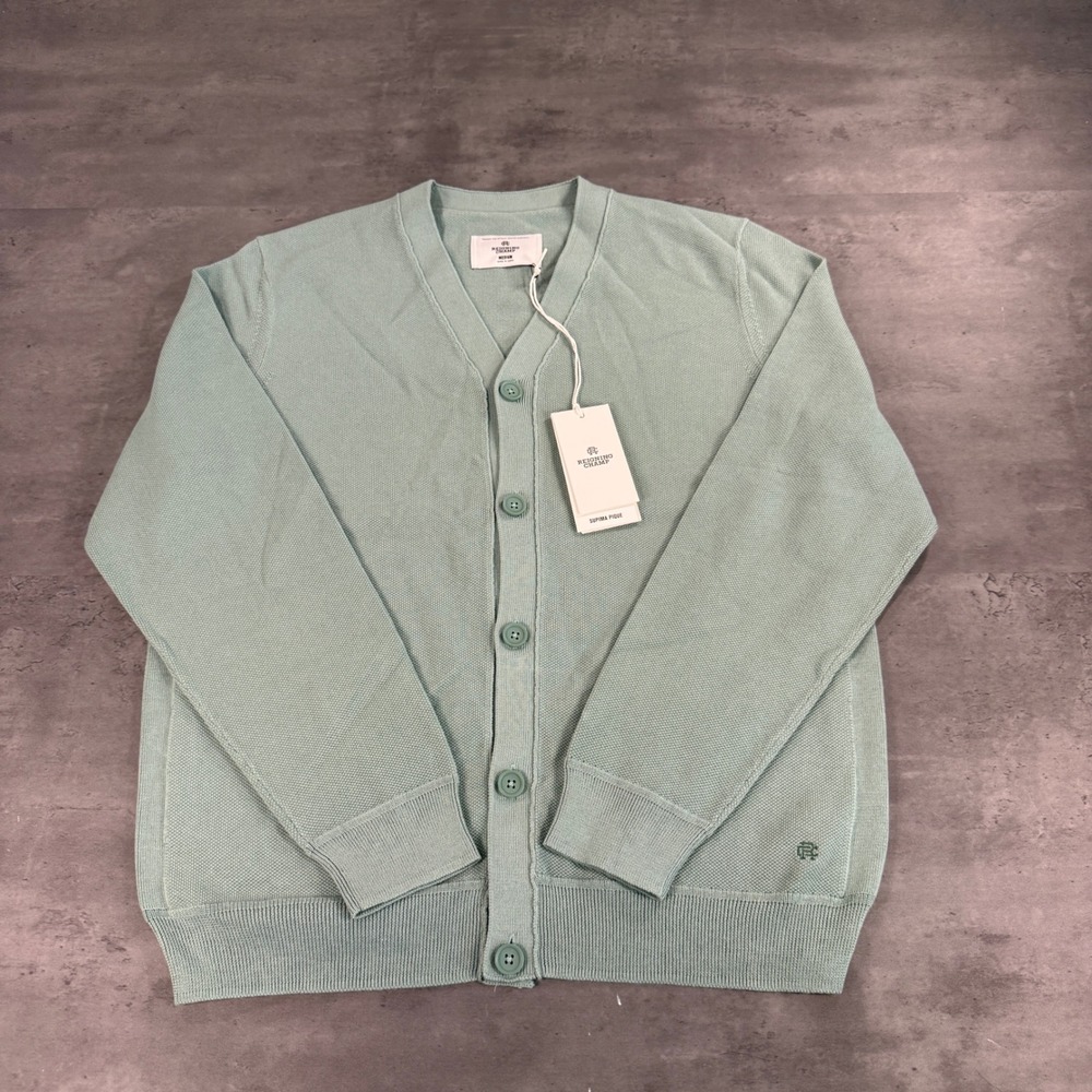 Reigning Champ Cardigan Mens Medium Supima Pique Seafoam Sage Green V-Neck NEW